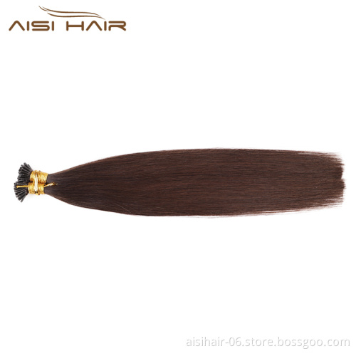 Aisi Hair 10A Unprocessed Color 2# Human Hair Double Drawn Pre Bonded Keratin I Tip Human Hair Extension For Women